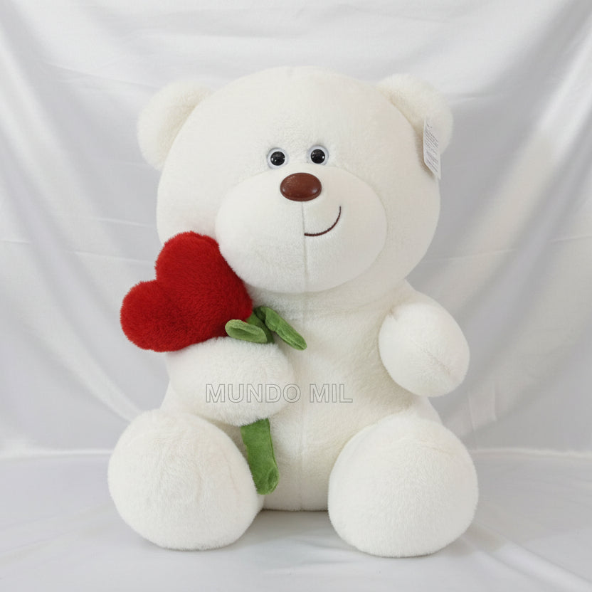 PELUCHE OSO CON RAMO CORAZON 62 CM COLOR BLANCO  IMPORTADO 1-60