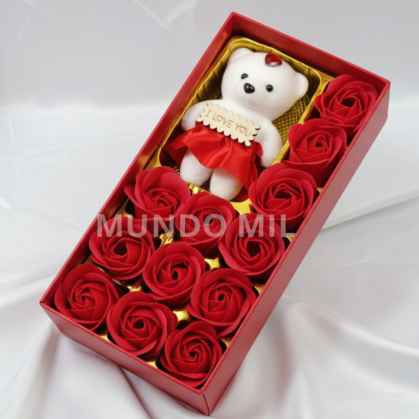 CAJA DE ROSAS CON OSO