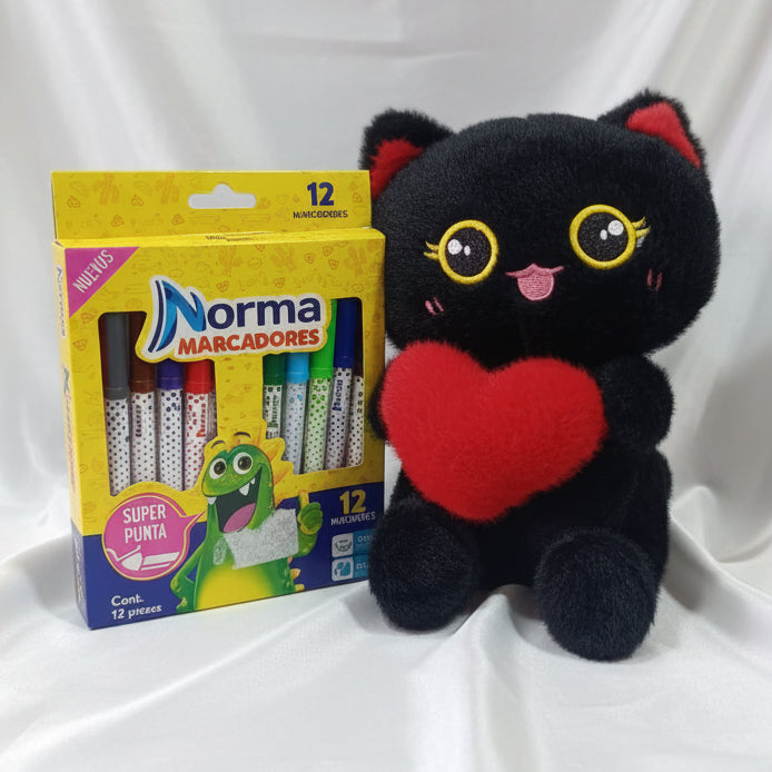 COMBO SUMMER : PELUCHE GATO CORAZON Y CAJA DE MARCADORES 9.00$